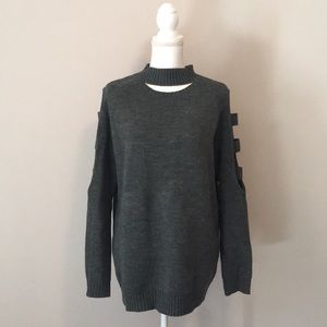 Dark Gray Choker Neck Cut-Out Sleeve Sweater
